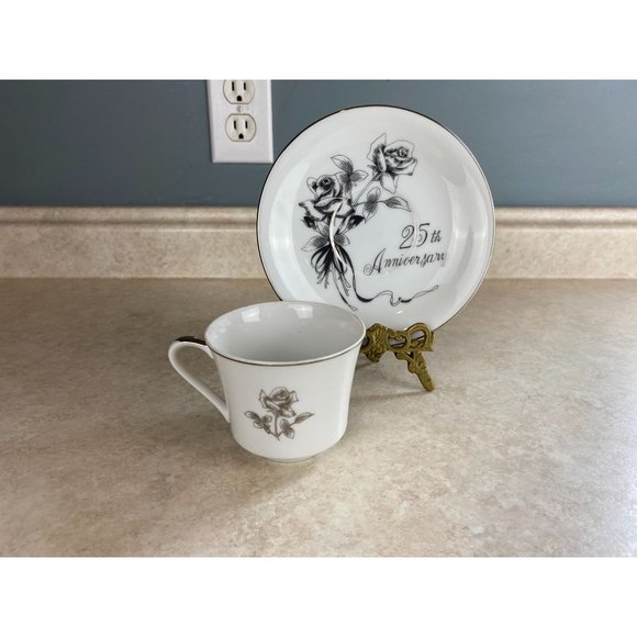 Gift Craft Bone China 25th Silver Wedding Anniversary Tea Cup And Saucer Set - Picture 2 of 7